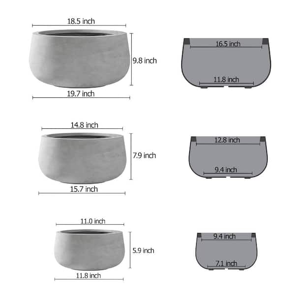Kante 20 in., 16 in. and 12 in. W Round Lightweight Natural Concrete Metal Indoor Outdoor Planter Pots (Set of 3)