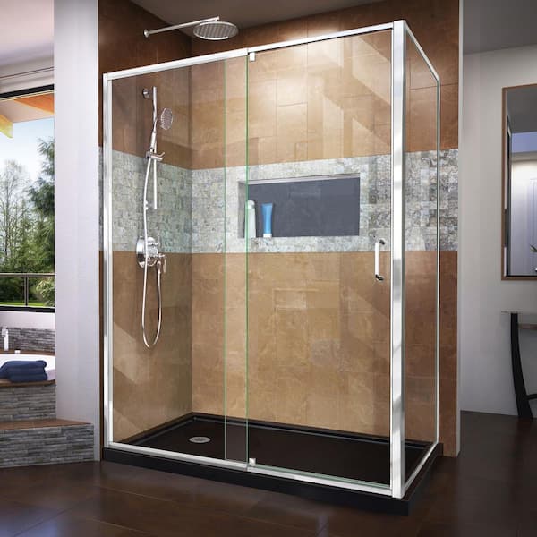 DreamLine Flex 60 in. W x 36 in. D x 74.75 in. Framed Pivot Shower Enclosure in Chrome with Left Drain Black Acrylic Base Kit