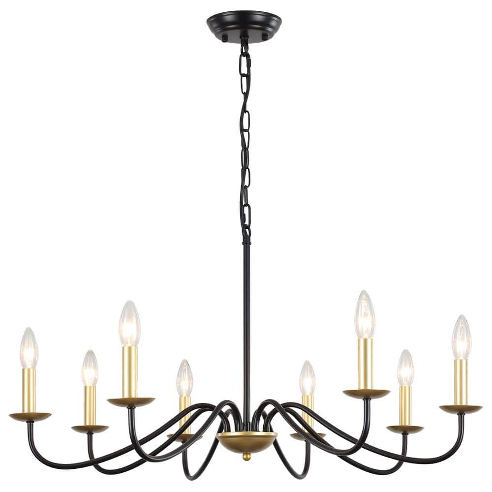 8-Light Black and Gold Farmhouse Candle Style Rustic Chandelier for Kitchen