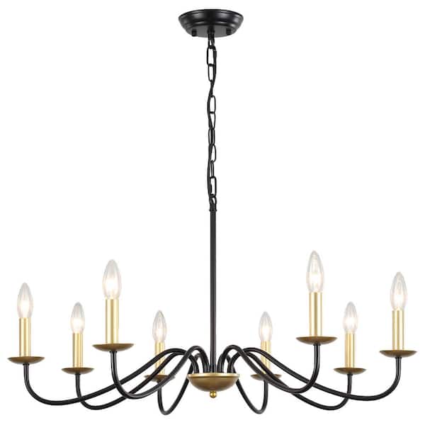 8-Light Black and Gold Farmhouse Candle Style Rustic Chandelier for Kitchen Island Lighting Fixtures Hanging