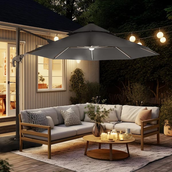 Maxy 10 ft. Steel Roma Cantilever Solar LED Strip Tilt 360 Patio Umbrella in Gray