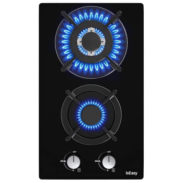 IsEasy 12 in. 2-Burners Gas Cooktop in Black Tempered Glass with Dual Fuel LPG/NG