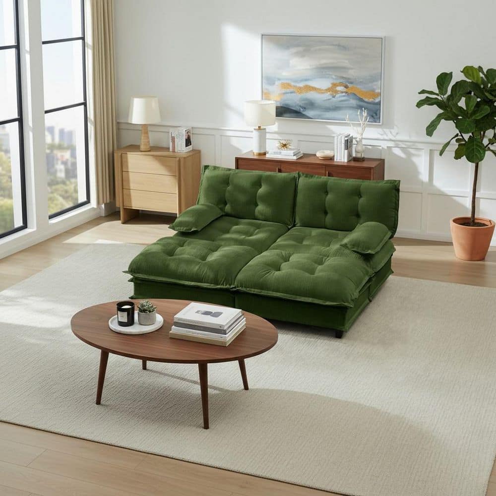 PREM Oversize Modular 77 in. Chenille Sectional Sofa Set in Olive Green with Ottomans and Deep Seating, Easy Assembly