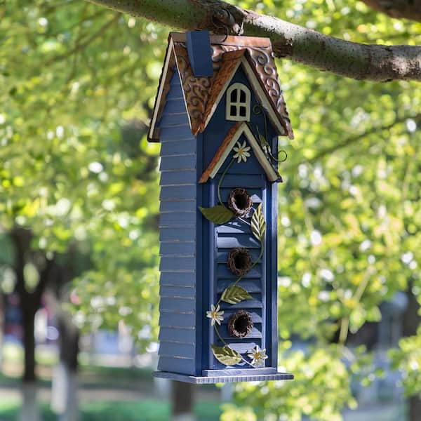 24.25 in. H Oversized Washed Blue 3-Tiered Solid Wood Villa Decorative Outdoor Garden Birdhouse
