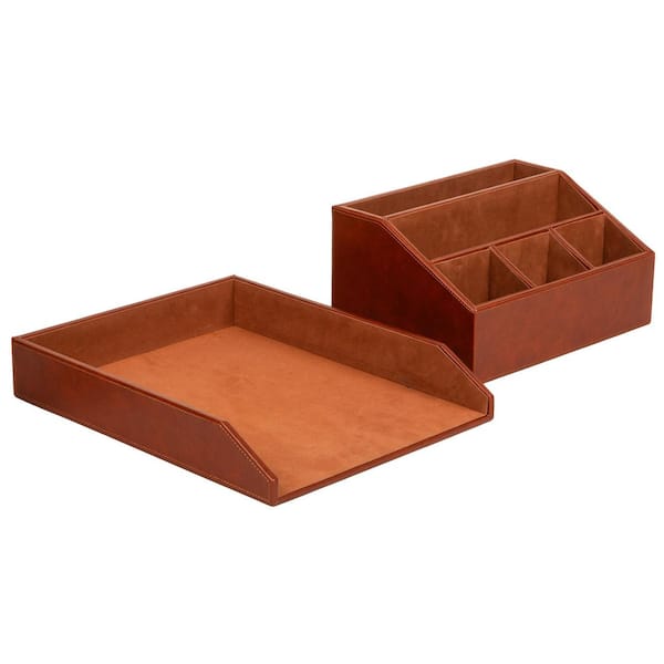 PU Leather Desk Organizer and Letter Tray Set, Stackable Paper Tray, Pen Cup and Card Holder, Brown