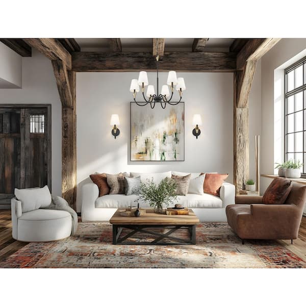 Claudelle 5.75 in. 1 Light Matte Black + Modern Gold Wall Sconce with White Fabric Shade