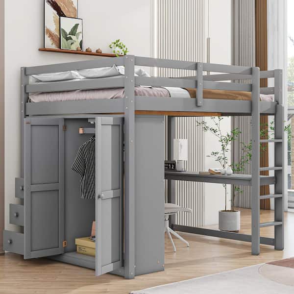 Polibi Wood Full Size Loft Bed with Built-in Wardrobe, Desk, Storage Shelves and Drawers, Gray