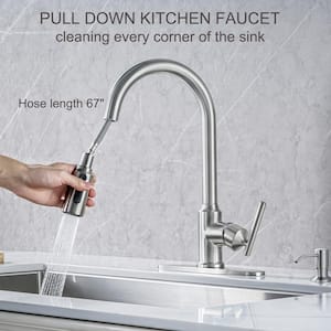 3 Patterns Stainless Steel Single Handle Pull Down Sprayer Kitchen Faucet with Flexible Hose Soap Dispenser in Nickel