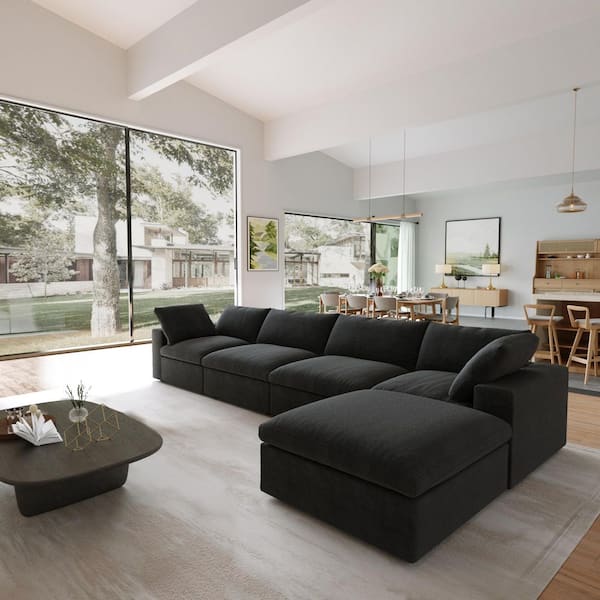 160 in. Square Arm 5-piece Velvet Modular Free Combination Sectional Sofa in. Black with Ottoman