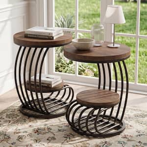 Kerlin 19.68 in. Light Brown Round Wooden End Table with Curved Frame for Living Room, Easy Assembly (Set of 2)
