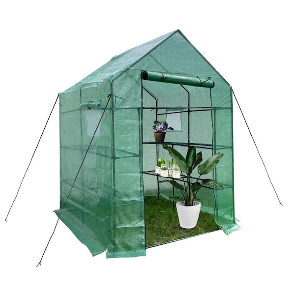 Unbranded Outdoor 56 in. W x 56 in. D x 76 in. H Metal Green Greenhouse With 2 Tiers 8 Shelves