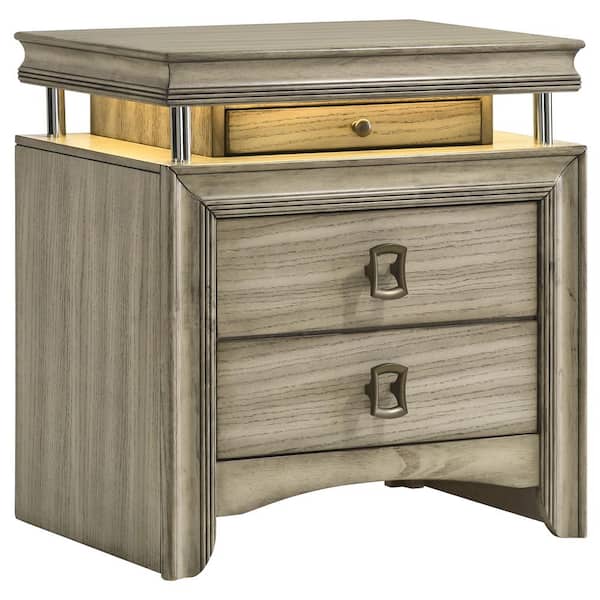 Coaster Giselle Rustic Beige 3-Drawer Nightstand Bedside Table with LED