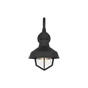 Hollis 10 in. W x 17.5 in. H 1-Light Textured Black Outdoor Hardwired Small Wall Lantern Sconce with Clear Glass Shade