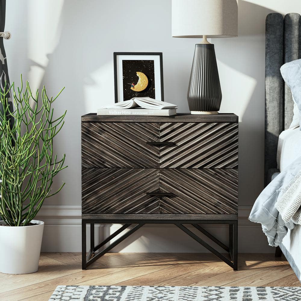 Distressed Black 2-Drawer Nightstand with Geometric Pattern and Metal Base