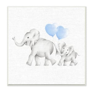 12 in. x 12 in. ''Elephant Family Blue Balloon Linen Look'' by Studio Q Printed Wood Wall Art