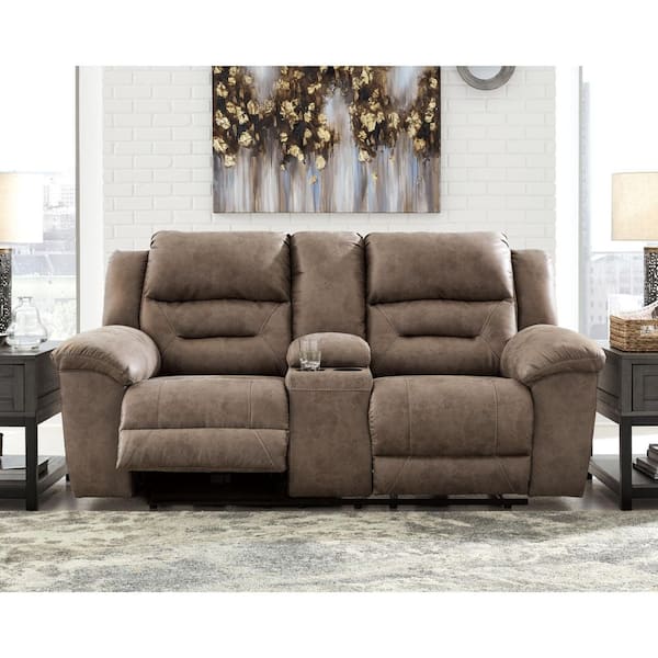 Stoneland 82 in. Solid Faux Leather 2-Seat Reclining Loveseat with Console in Brown