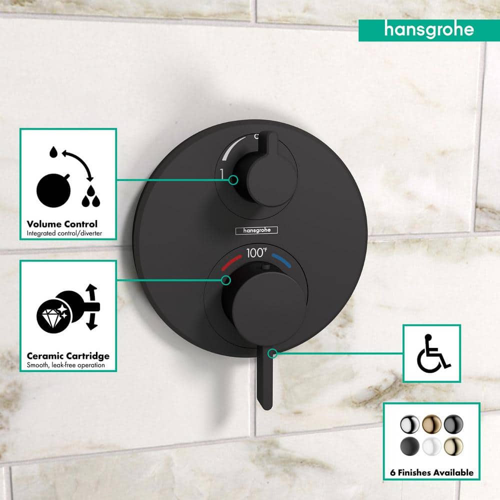 Matte Black Modern Thermostatic Shower Valve Trim with Diverter