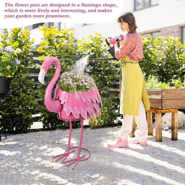 Augbeer Metal Standing Flamingo Plant Pots with Drain Hole for