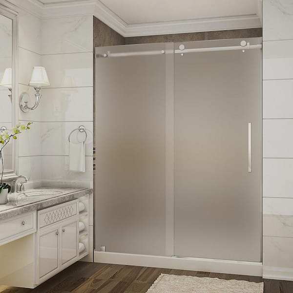 Aston Moselle 60 in. x 32 in. x 77.5 in. Completely Frameless Sliding Shower Door with Frosted in Chrome with Right Base