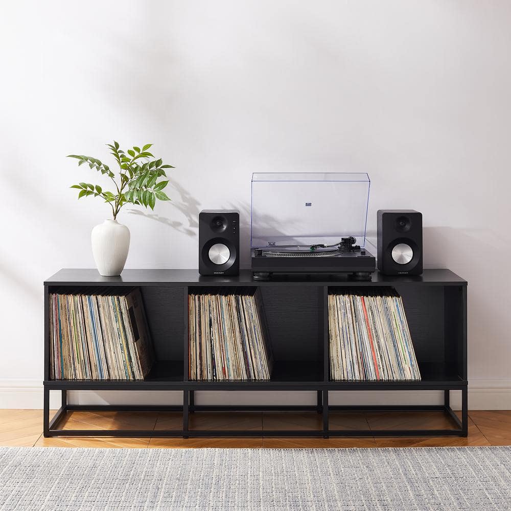 Black Steel Minimalist Media Console with Vinyl Storage