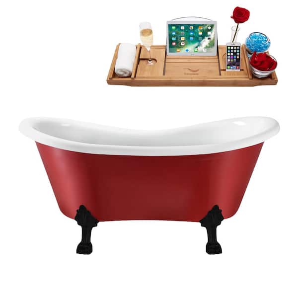 Streamline 62 in. x 31 in. Acrylic Clawfoot Soaking Bathtub in Glossy Red with Matte Black Clawfeet and Matte Pink Drain