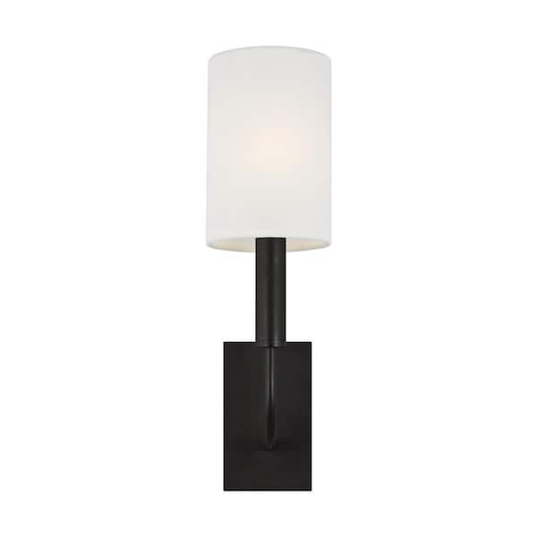 Generation Lighting Brianna 3 in. 1-Light Aged Iron Wall Sconce with White Linen Fabric Shade