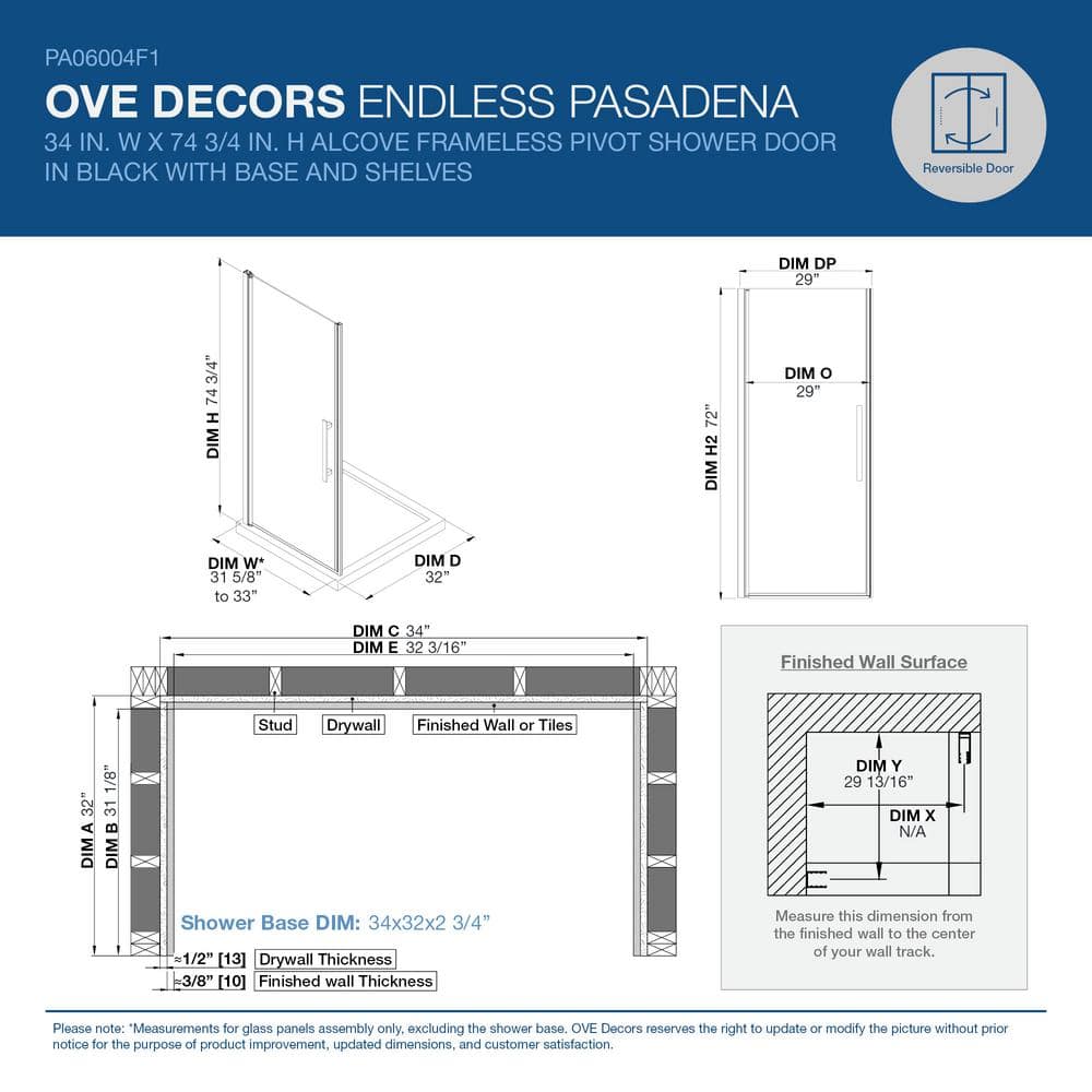 Pasadena 34'' W x 72'' H Black Frameless Shower Kit with Shelves