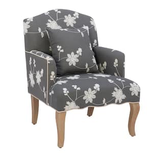 Kenna Grey Floral Arm Chair with White Embroidery and Matching Pillow