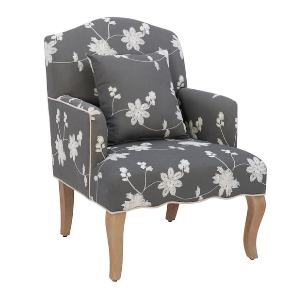 Linon Home Decor Kenna Grey Floral Arm Chair with White Embroidery and Matching Pillow