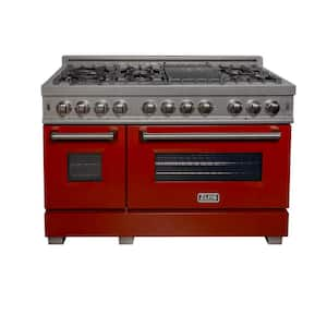 48 in. 7 Burner Double Oven Dual Fuel Range with Red Gloss Door in Fingerprint Resistant Stainless Steel