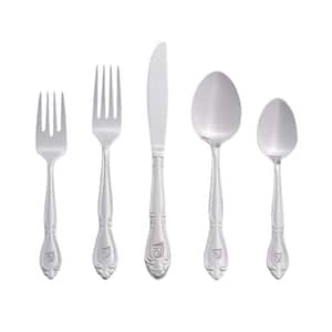 Rose Monogrammed Letter T 46-Piece Silver Stainless Steel Flatware Set (Service for 8)