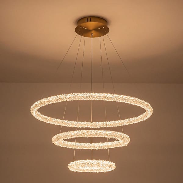 3-Light Modern Gold Ring Dimmable Integrated LED Chandelier Tiered Pendant Light with Crystal for Dining Room