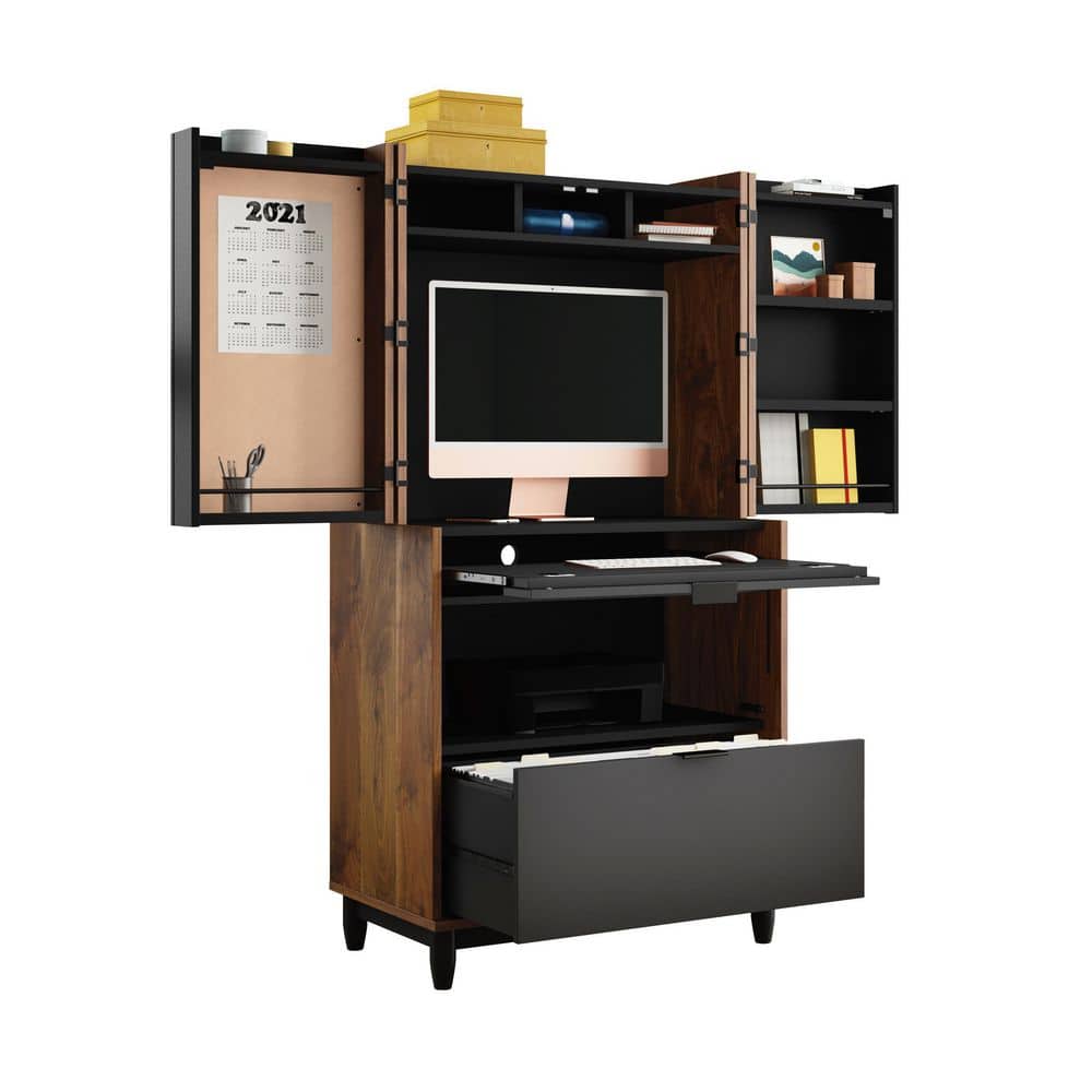 Grand Walnut and Black Multifunctional Computer Cabinet with Storage