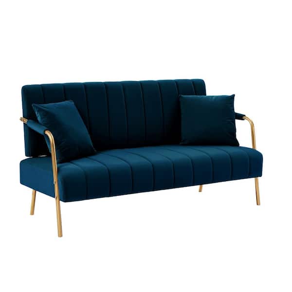 Seafuloy 60.63 in. W Slope Arm Velvet Rectangle Sofa 2-Seat with 2-Pillows and Golden Metal Leg in Dark Blue