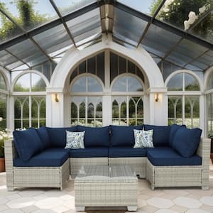 7-Piece Gray Wicker Outdoor Sectional Sofa Set Patio Conversation Set with Dark Blue Cushion for Patio and Garden
