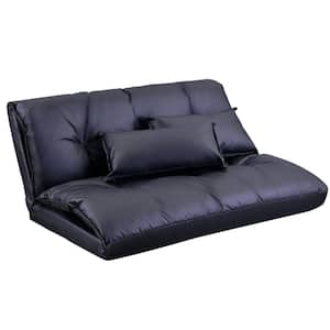 43.3 in. Black PU Leather Twin Foldable Floor Sofa Bed Folding Futon Lounge, Lazy Sofa Couch Video Gaming Sofa w/ Pillow