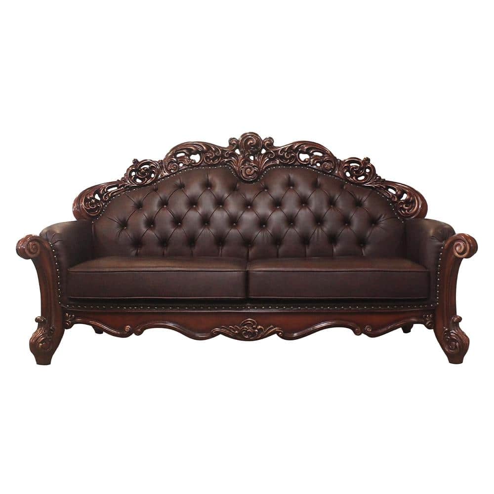 Vendome Cherry Tufted Leather Loveseat with Pillows