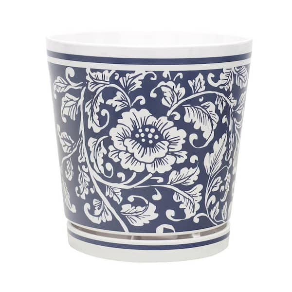 MPG 8.75 in. L x 8.75 in. W x 9 in. H Navy and White Floral Design Melamine Pot with In-Line Saucer