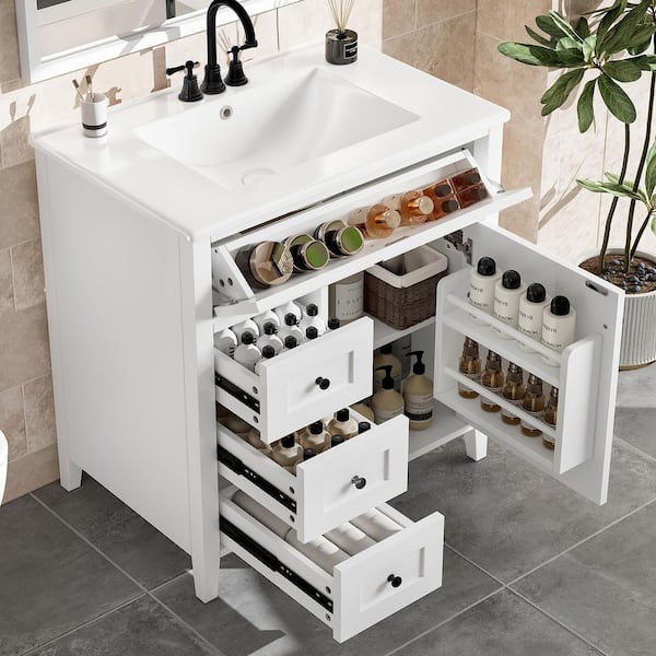 30 in. Freestanding White Bath Vanity with Ceramic Top Sink and Three Drawers