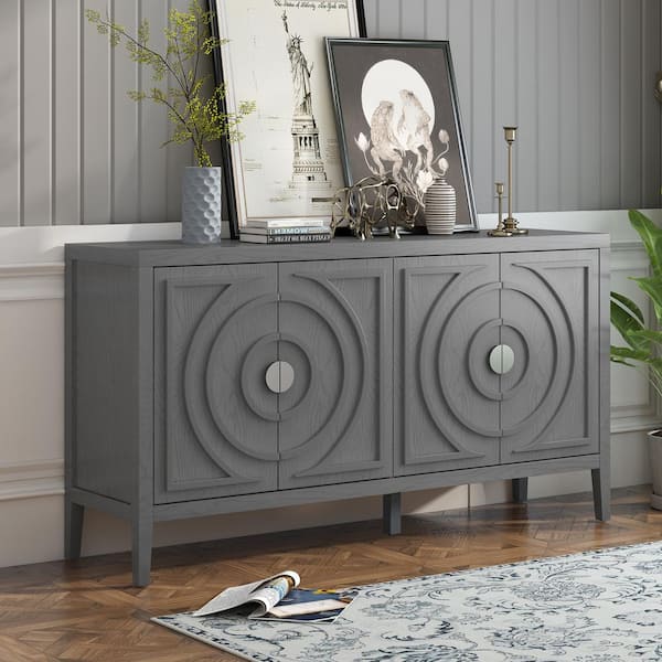 Cesicia 60 in. W x 16 in. D x 32 in. H Retro Gray Rubberwood Ready to Assemble Kitchen Cabinets Sideboard with Circular Groove