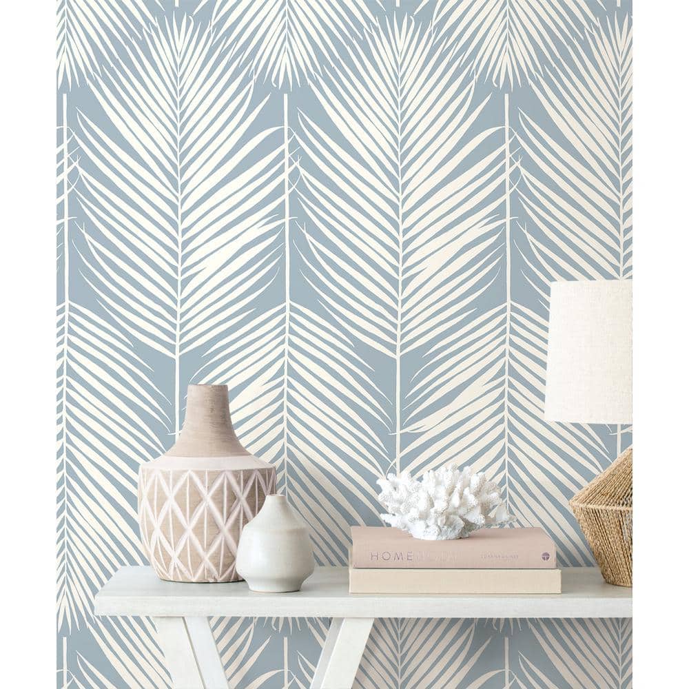 Light Blue and White Vinyl-Coated Palm Silhouette Wallpaper