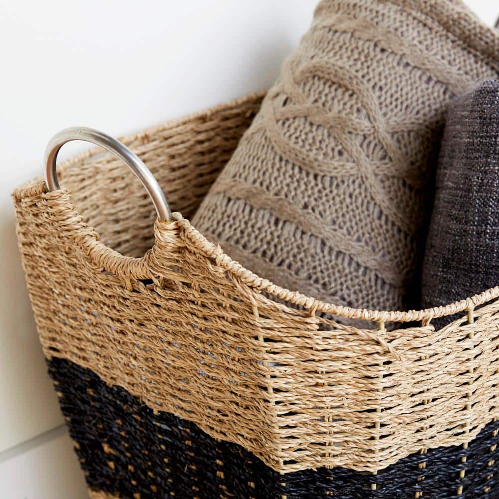 Seagrass Handwoven Round Storage Basket with Metal Handles