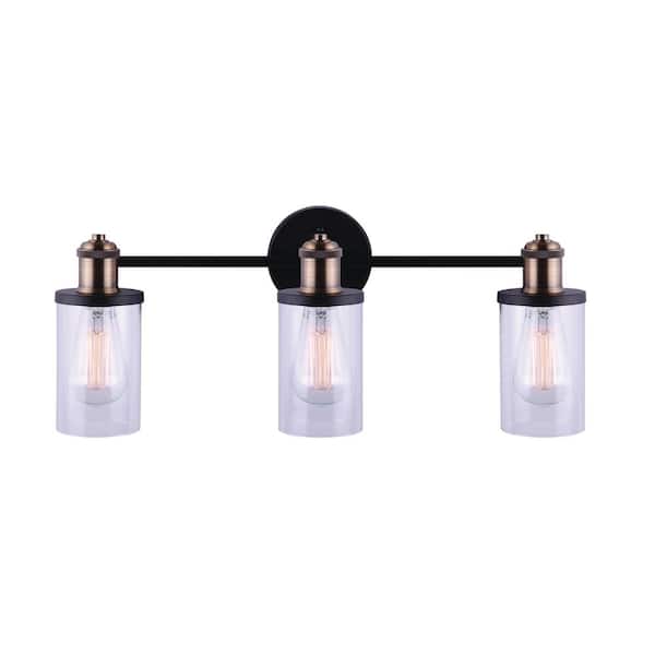 Home Decorators Collection Tobias 3-Light Matte Black and Gold Vanity Light with Clear Glass Shades
