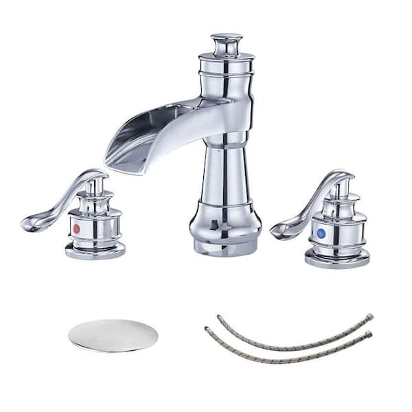 Fapully 8 in. Widespread 3 Holes 2-Handle Mid-Arc Waterfall Bathroom Faucet with Pop Up Drain and Supply Lines in Chrome