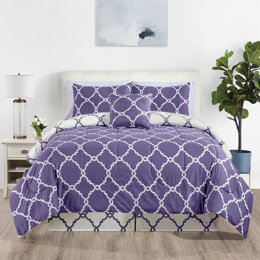 4-Piece Medium Warmth Reversible Quatrefoil Lavender Navy Microfiber Twin Bed in a Bag price history on PriceWatchPro