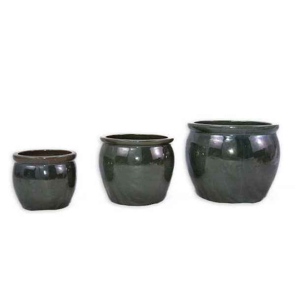 Gary 7.48 in., 9.06 in. and 11.61 in. Tall Antique Blue Green Round Ceramic Patio Outdoor Planter Set (3-Pack)