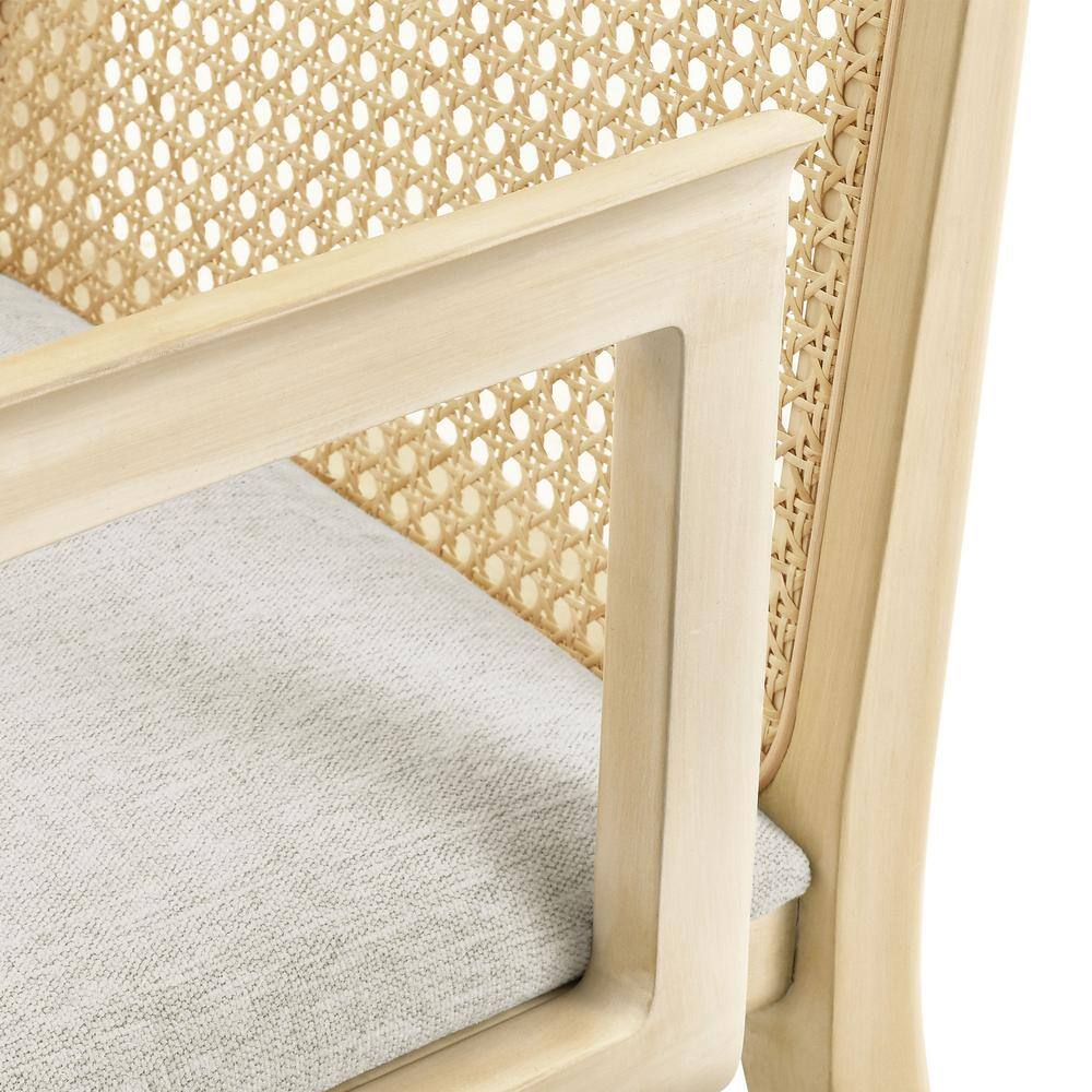 Antique White Rattan and Cane Arm Chair with Padded Seat
