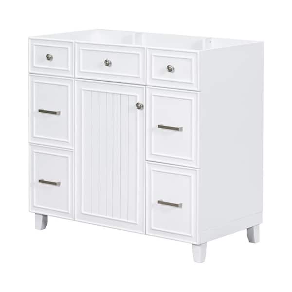 35.4 in. W Bath Vanity Cabinet without Top in White with Adjustable Shelf, Three Drawers