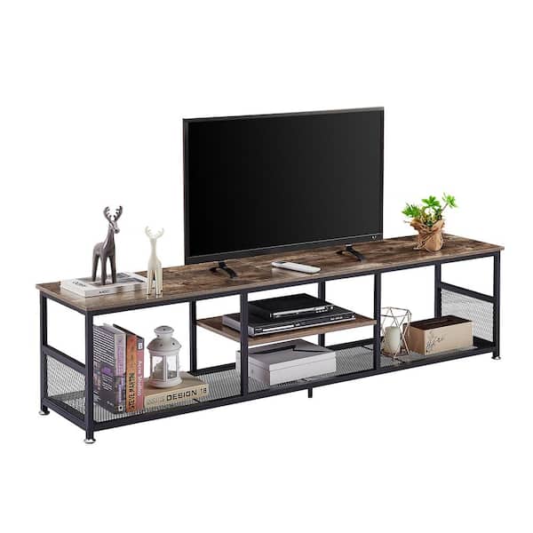 VECELO Industrial TV Stand for Televisions up to 80 in. 70 in. TV Console with Open Storage Shelves 3-Tiers Console Table Brown