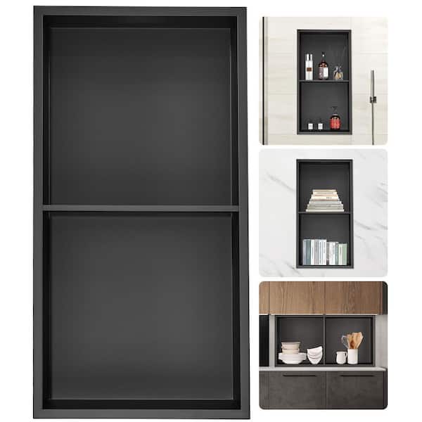 13 in. W x 25 in. H x 4 in. D Plastic Shower Niche Set of 1 Piece in Black with Shelves, Shower Niche for Tile